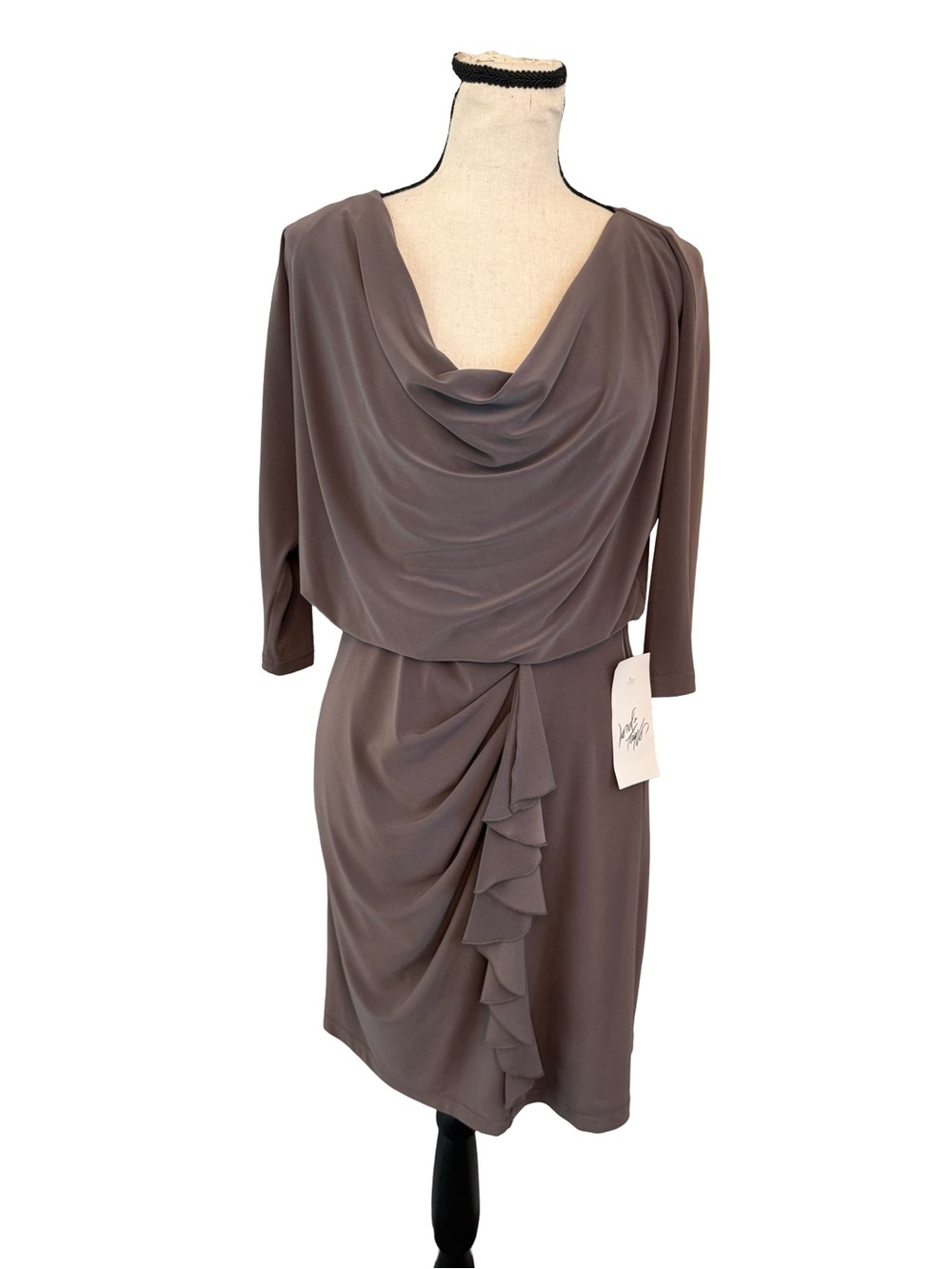 NWT Adrianna Papell Petite 6P Taupe Draped Cowl Neck Ruffle Sheath Cocktail